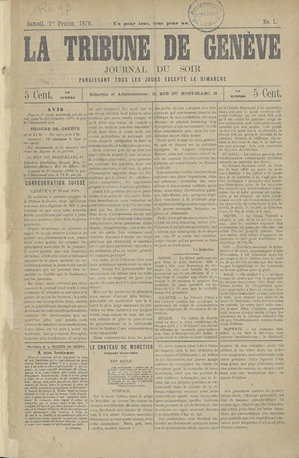 La une du premier numéro de la Tribune de Genève