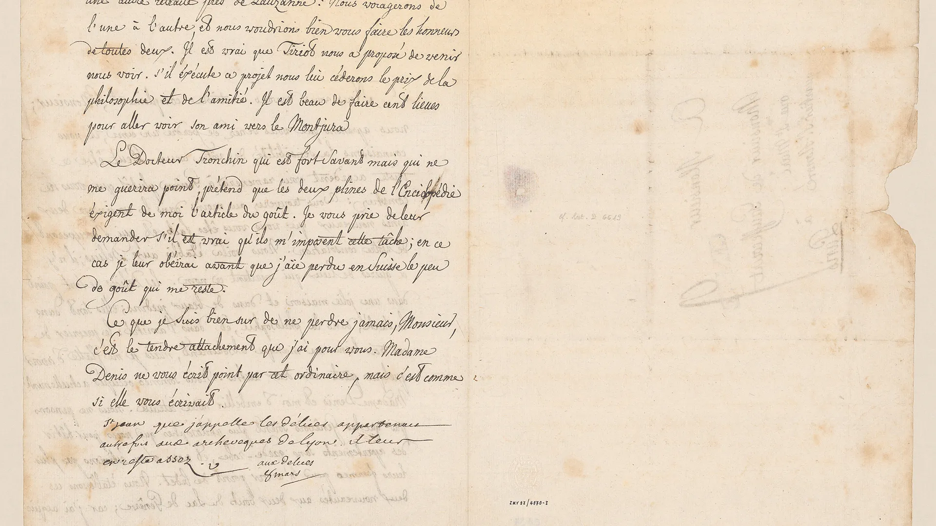 Voltaire. Lettre signée à Jean-Louis-Vincent Capperonnier de Gauffecourt